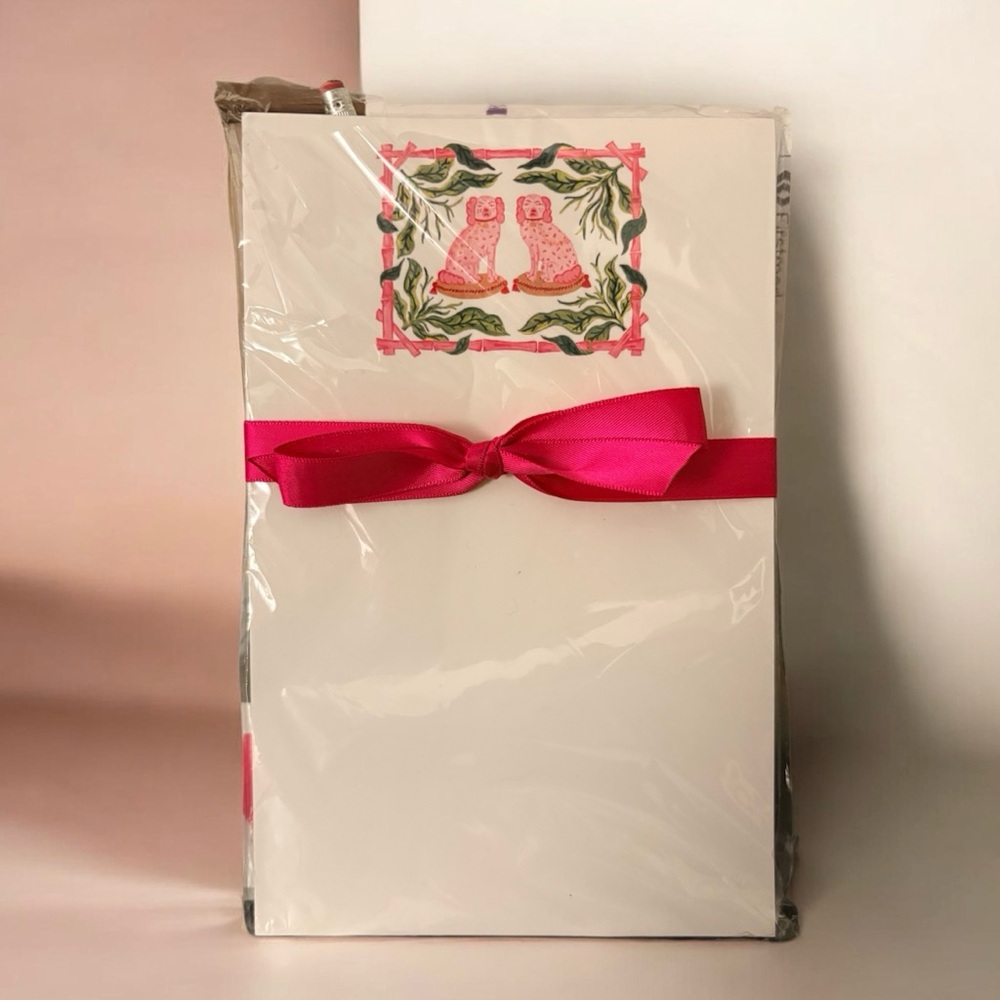 Pink Ribbon Stationary white paper note card with puppies Motif.